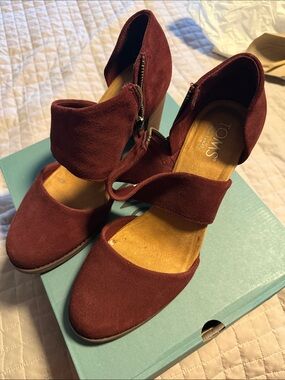 Toms Wine Suede Ankle Strap Block Heels